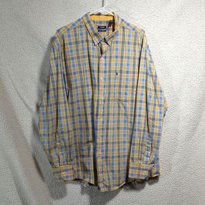 Izod men's casual button down dress shirt XXL yellow with light/dark blue checks
